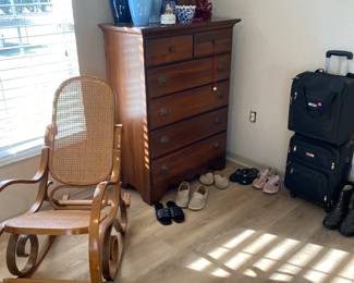 Vintage rocking chair, dresser, decor, shoes, luggage