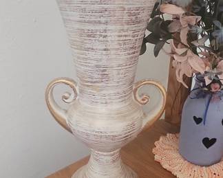 Distressed White and Gold Urn Vase with Scrolled Handles
