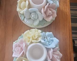 Vintage Capodimonte Style Porcelain Floral Votive Candle Holders - Set of 2