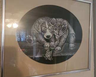 Framed Rudy Droguett "Reflections" Lithograph Print of Kitten and Puppy with Butterfly