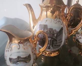 Gilded Porcelain Coffee Pot and Creamer with Scenic Transferware, Bavaria