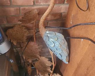 Metal Crane Garden Sculpture with Blue-Grey Scales