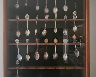 Collection of 30+ Souvenir Spoons in Wooden Display Case