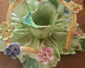 Vintage Capodimonte Italian Ceramic Basket of Flowers Candlestick Holder
