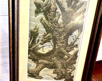 Janet Turner linocut print "Roots and Stilts"