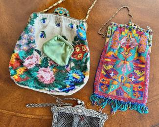 Vintage and antique beaded purses (top) and silver purse (bottom)