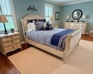 Cottage style bedroom, including  Sleigh Bed, side table and dresser