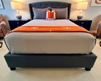 Queen Platform Bed; Hermes style throw and blanket