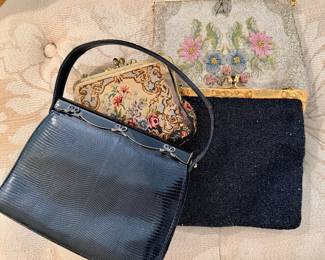 Vintage skin, tapestry and beaded bags