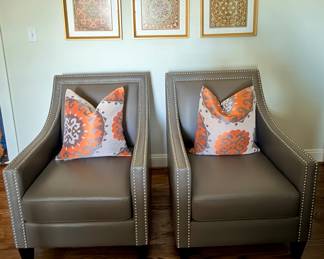 Pair of Leather Armchairs with nailhead trim