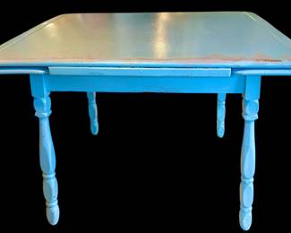Antique Wood Farm Table, Blue Chippy Paint, Weathered Distressed