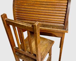 Vintage Child's Rolltop Wood Desk with Chair