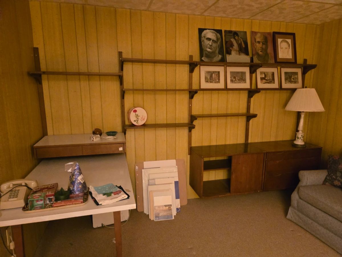 Mid Century shelving unit with table and cabinet