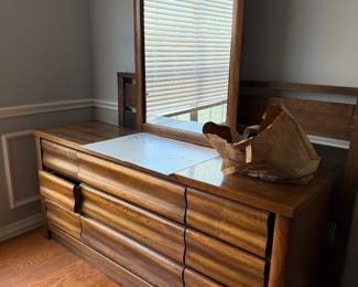 Vintage Broyhill nightstand, dresser with mirror and full size bed headboard