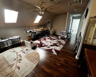 rugs, wall hangings, stone top side tables