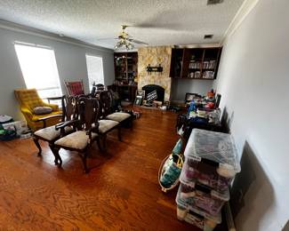 Tons of movies, books, figurines, vintage chairs, electronics, picture frames