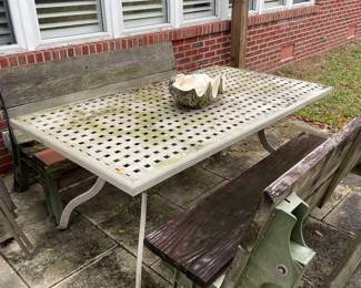 Metal patio table, two benches