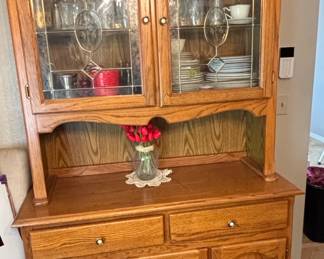 Oak China Hutch with Stained Glass Doors