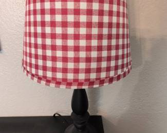 Red and White Gingham Empire Lampshade with Black Turned Wood Base Table Lamp