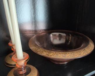 Pink Depression Glass Candlestick Holders and Bowl with Gold Overlay Floral Pattern