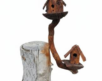 Rustic Wooden Birdhouse with Twisted Branch Support