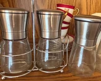 Set of Stainless Steel and Glass Spice Grinders with Rack