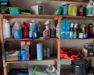 Assorted Household Cleaning Supplies and Repurposed Roof Turbine Pumpkins