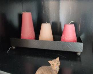 Orange Tabby Cat Figurine with Tapered Scented Candles and Metal Tray