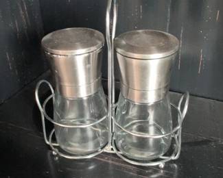 Glass Salt and Pepper Grinders with Stainless Steel Lids and Caddy