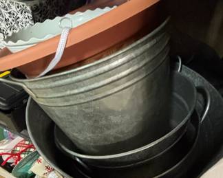 Set of Galvanized Metal Buckets with Wire Handles