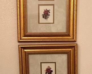 Vintage Floral Etching Prints in Gold Frames Set of