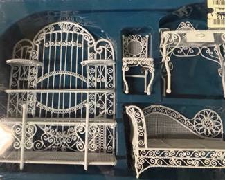 Dollhouse Miniature Wooden Dining Room Set and White Wrought Iron Style Garden or Gazebo Set third image