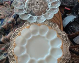 Vintage Anchor Hocking Milk Glass Deviled Egg Plate with Gold Trim