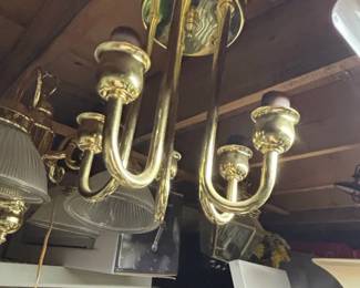 Brass and Ribbed Glass Chandelier with Matching Lantern Fixture second image
