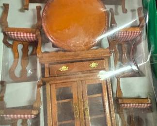 Dollhouse Miniature Wooden Dining Room Set and White Wrought Iron Style Garden or Gazebo Set