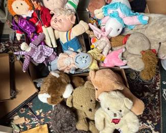 Assorted Vintage Stuffed Animals and Dolls including Cabbage Patch Kids and Raggedy Ann