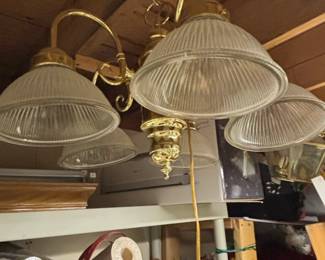 Brass and Ribbed Glass Chandelier with Matching Lantern Fixture