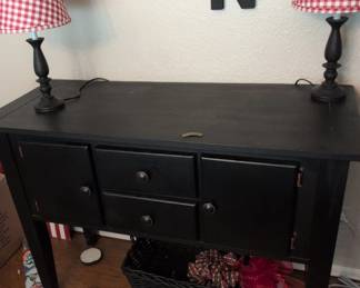 Black Console Table with Two Red and White Gingham Lamps