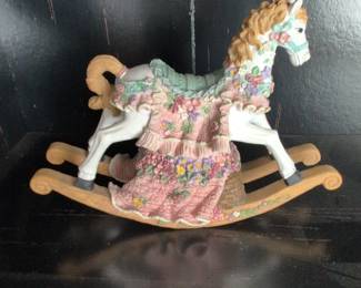 Vintage Musical Rocking Horse Figurine with Floral Dress