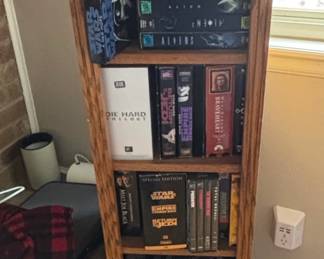 Wood Shed Solid Oak CD or DVD Cabinet Tower with Assorted VHS Tapes