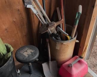Assorted Garden Tools, WER Stool, and Red Gasoline Can