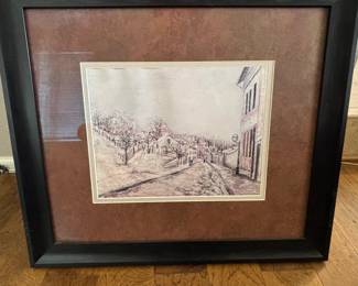 Framed Etching by Caroline Williams Winter Street Scene