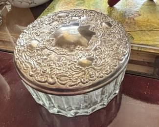 Vintage Glass Powder Jar with SilverPlated Lid