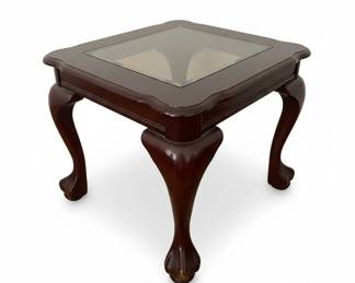 Vintage Mahogany Queen Anne Style Side Table with Glass Top
