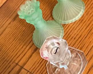 Vintage Frosted Green Glass Candlesticks
