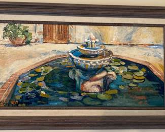 Framed water fountain oil painting 