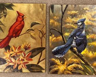 Pr. of faux paintings, Cardinal & Blue Jay