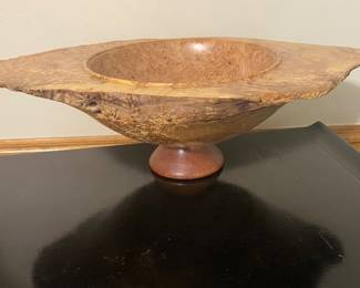 Hand-turned burl wood bowl on pedestal  