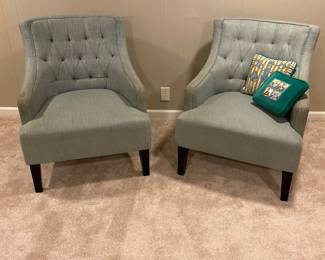 Pr. of blue chairs (as is) & vintage pillows