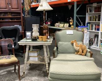 Louis XV Chair and Ottoman, vintage white table on casters
